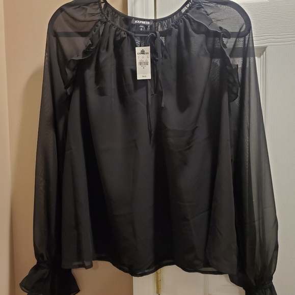 Express Sheer Sleeve Ruffle Shoulder Top Size M Black - Picture 2 of 3